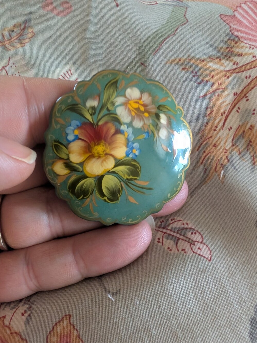 Hand-Painted Floral Enamel Russian Brooch - Teal Background